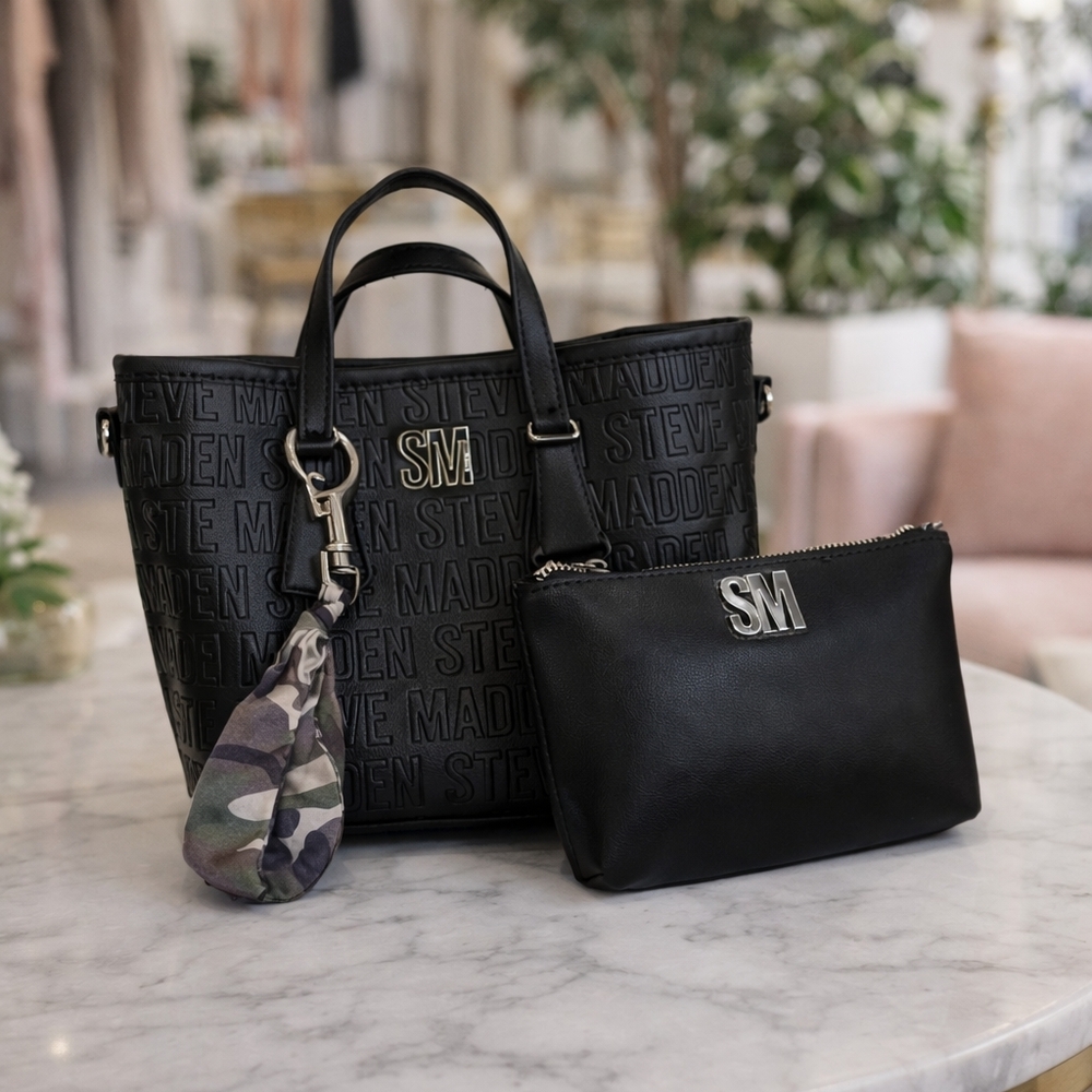 Steve Madden Black Tote Logo Satchel Crossbody Set w/ Pouch, Fabric Keychain NWT